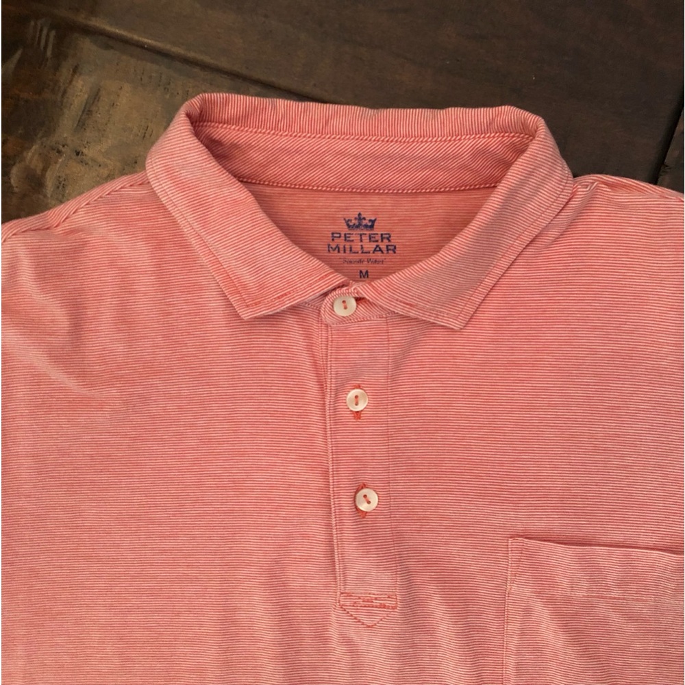 Peter Millar Light Red Thin Striped Polo Shirt - Size Medium 💢 - Picture 5 of 6